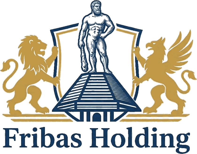 Wappen der Fribas Holding: Herkules auf einer Stufenpyramide, flankiert von einem Löwen und einem Greif, darunter der Schriftzug „Fribas Holding“.